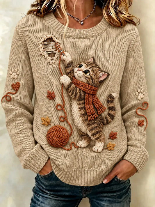 Women's Cute Kitten Yarn Ball Graphic Sweater