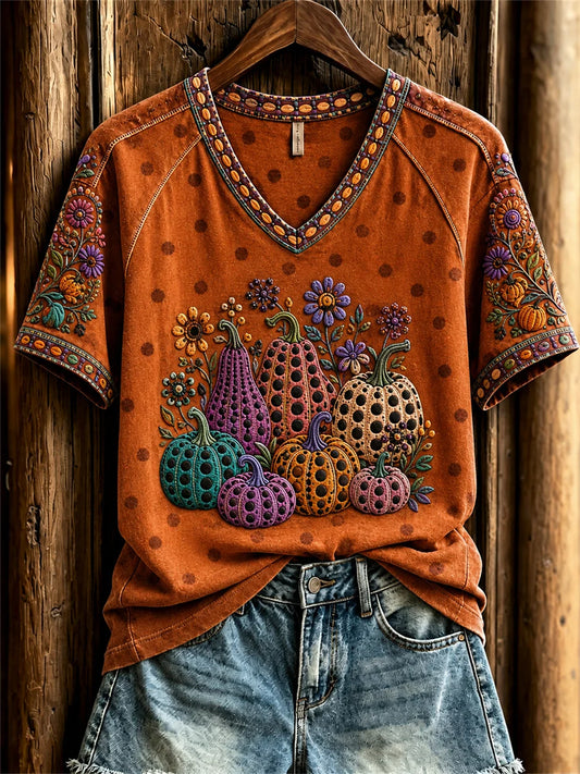 Women's Colorful Pumpkins Floral Polka Dots Art Print short-sleeved T-shirt