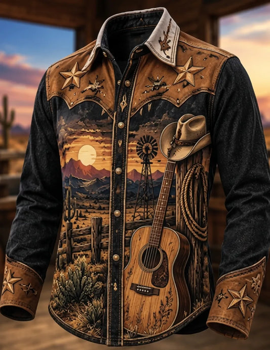 Men's Western Country Music Guitar Cowboy Hat Windmill Sunset Mountain View Print Long Sleeve Shirt
