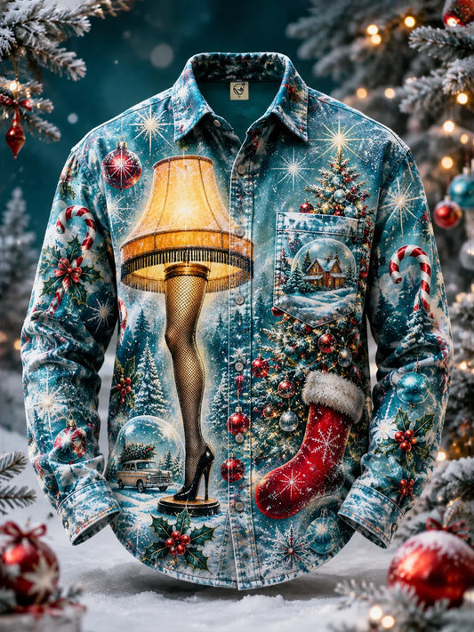 Moisture-Wicking Christmas-Themed  Chest Pocket Long-Sleeve Casual Shirt