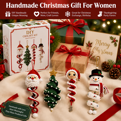 DIY Crochet Spiral Christmas Ornament Kit – 4 Beginner-Friendly Santa, Tree, Elf & Snowman Decorations