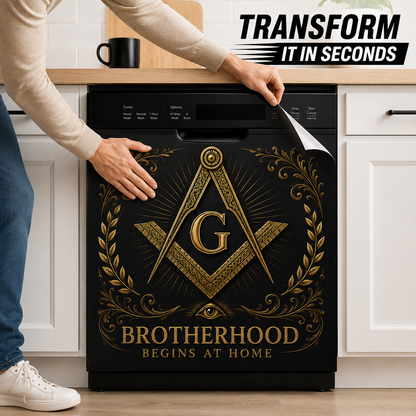 🏛️ Masonic Dishwasher Sticker – Brotherhood Begins At Home Black & Gold Kitchen Decor