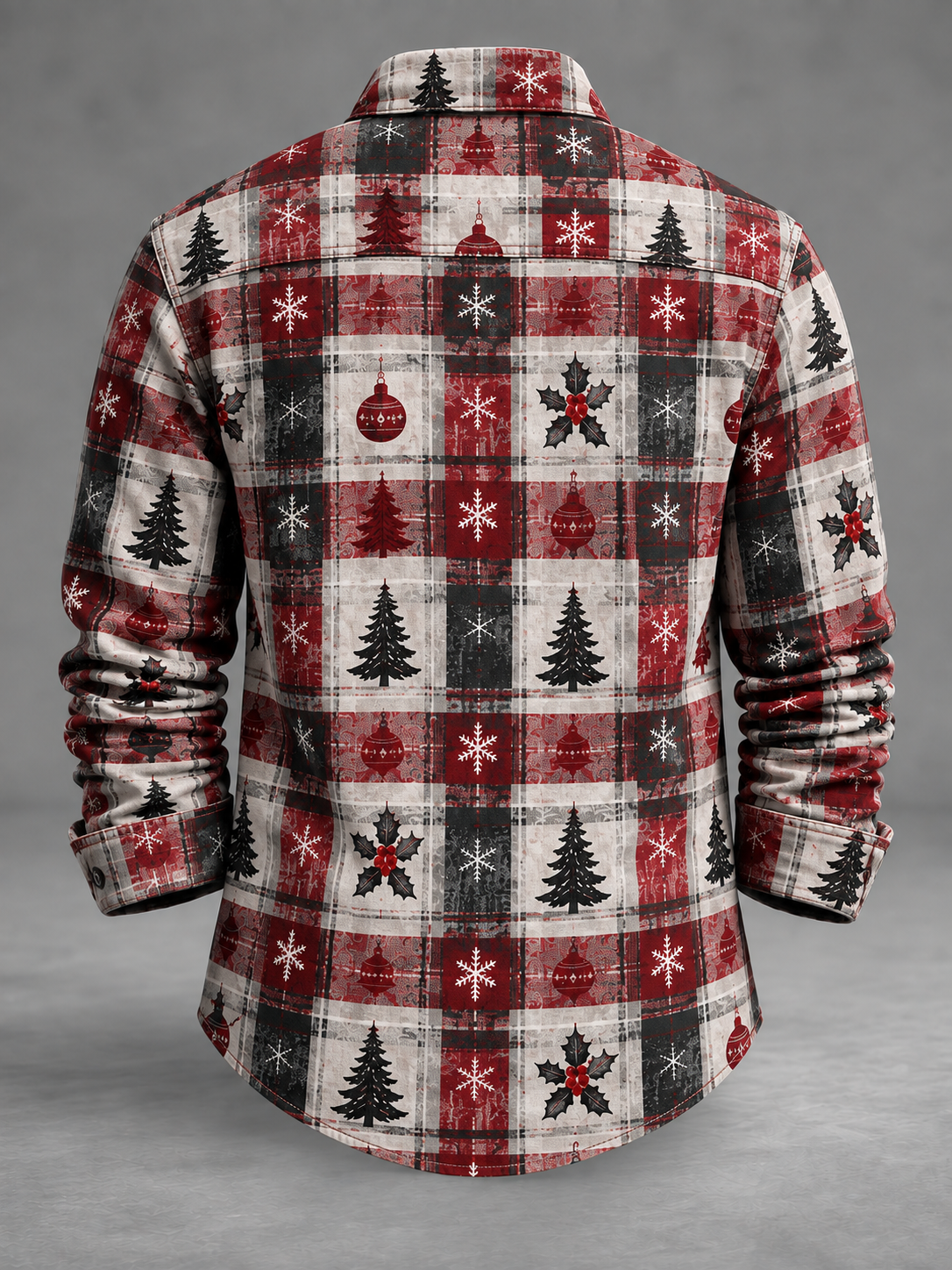 Moisture-Wicking  Christmas Tree Plaid Chest Pocket Long-Sleeve Casual Shirt