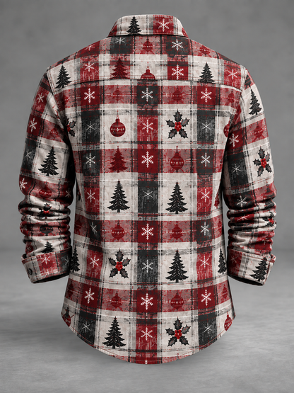 Moisture-Wicking  Christmas Tree Plaid Chest Pocket Long-Sleeve Casual Shirt