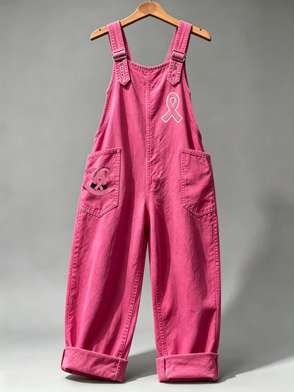 Women's Retro Breast Cancer Awareness Print Overalls