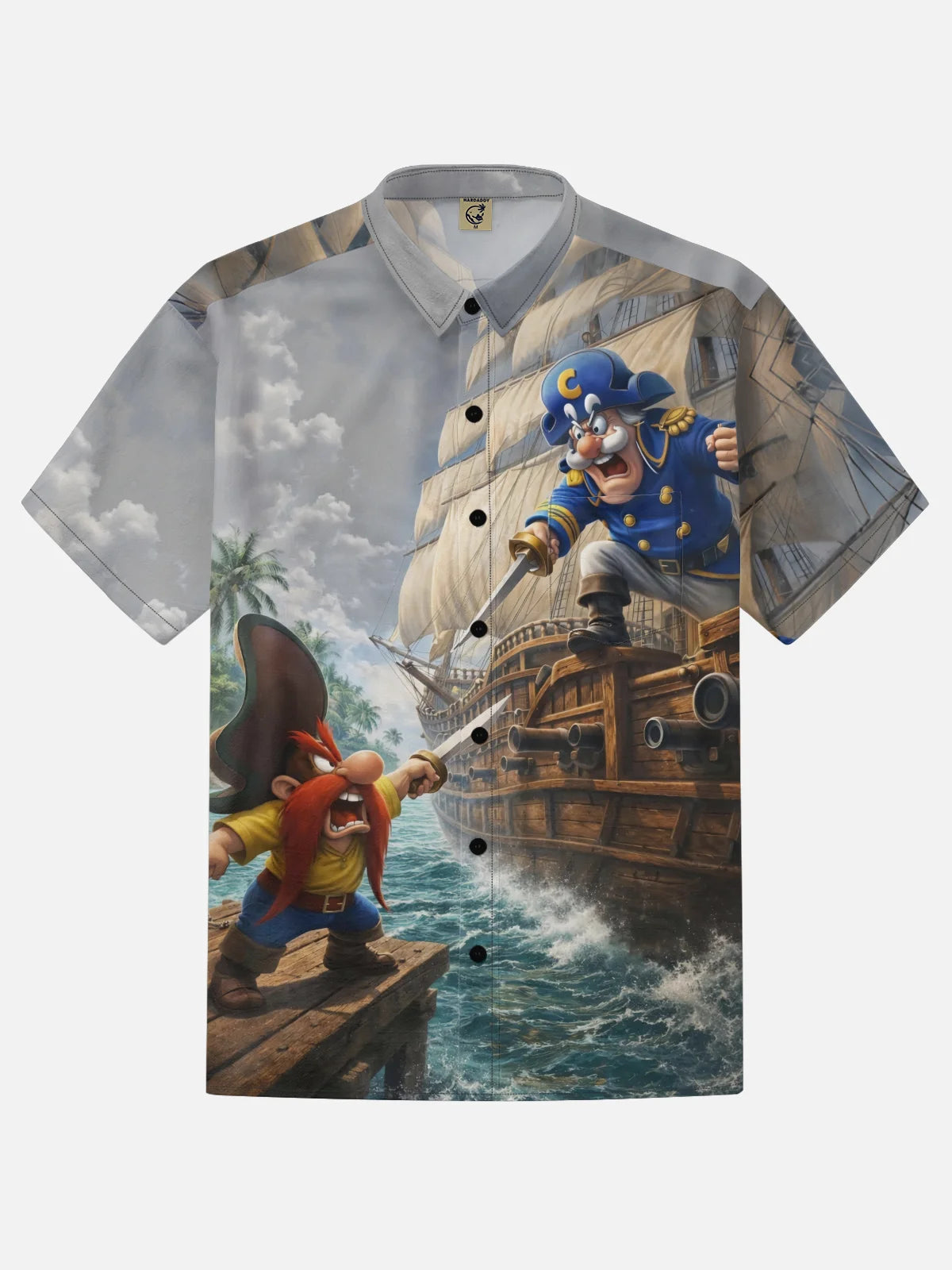 Moisture-Wicking Gradient-Color Dueling Pirates & Sailboats Design  Chest Pocket Hawaiian Shirt
