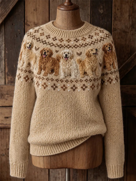 Women's Vintage Golden Retriever Dogs Yoke Isle Print crew neck sweater