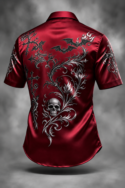 Breathable Silk Satin  Subtle Bat Pattern Halloween Style Casual Shirt
