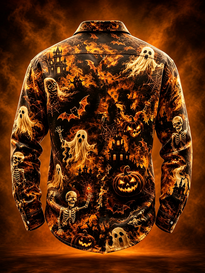 Moisture-Wicking Halloween Castle Pumpkin Ghost Bat Chest Pocket Long-Sleeve Casual Shirt