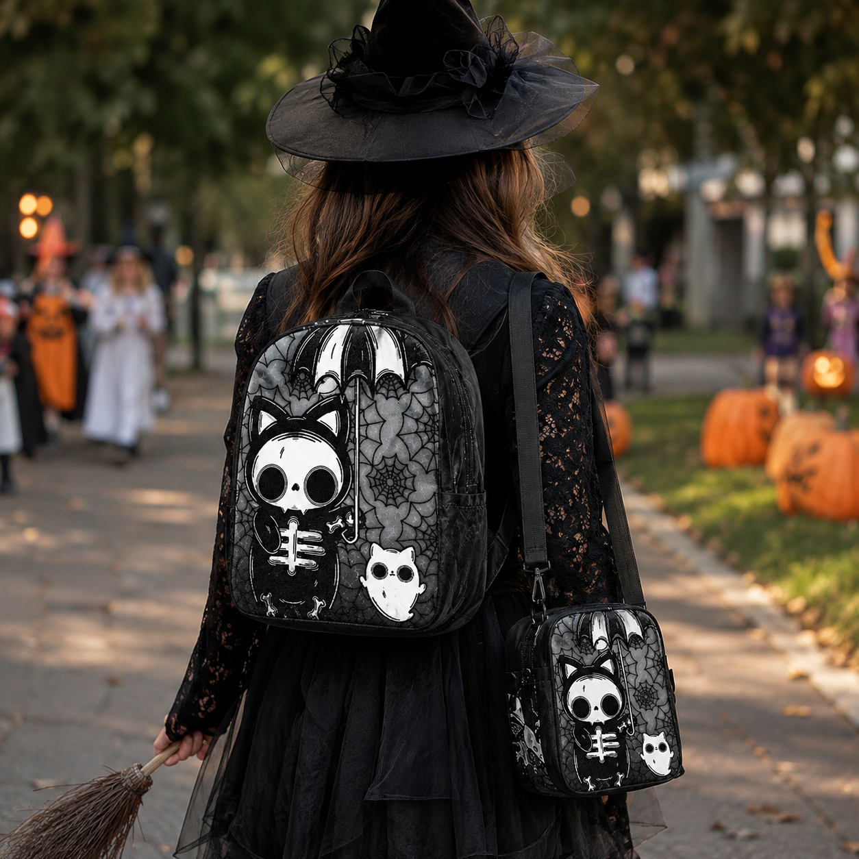 Halloween Gothic Skeleton Cat Backpack Set – 1/2/3PCS Backpack, Crossbody Bag & Pencil Case