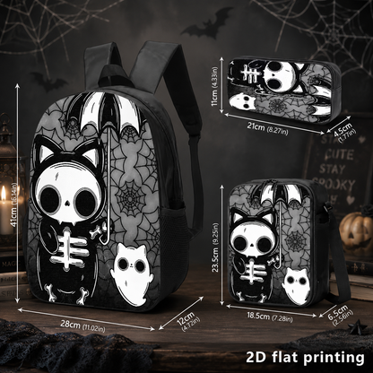 Halloween Gothic Skeleton Cat Backpack Set – 1/2/3PCS Backpack, Crossbody Bag & Pencil Case