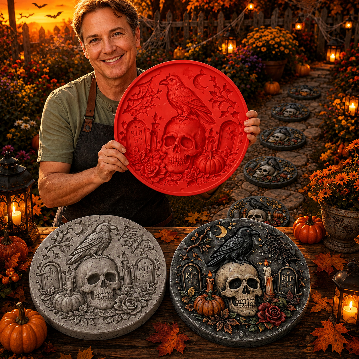 Reusable Round Halloween Stepping Stone Silicone Mold – DIY Garden Decor Featuring Witch's Cat, Skull, Pumpkin, and Ghost Designs