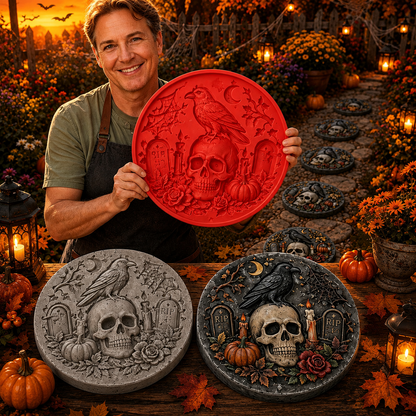 Reusable Round Halloween Stepping Stone Silicone Mold – DIY Garden Decor Featuring Witch's Cat, Skull, Pumpkin, and Ghost Designs