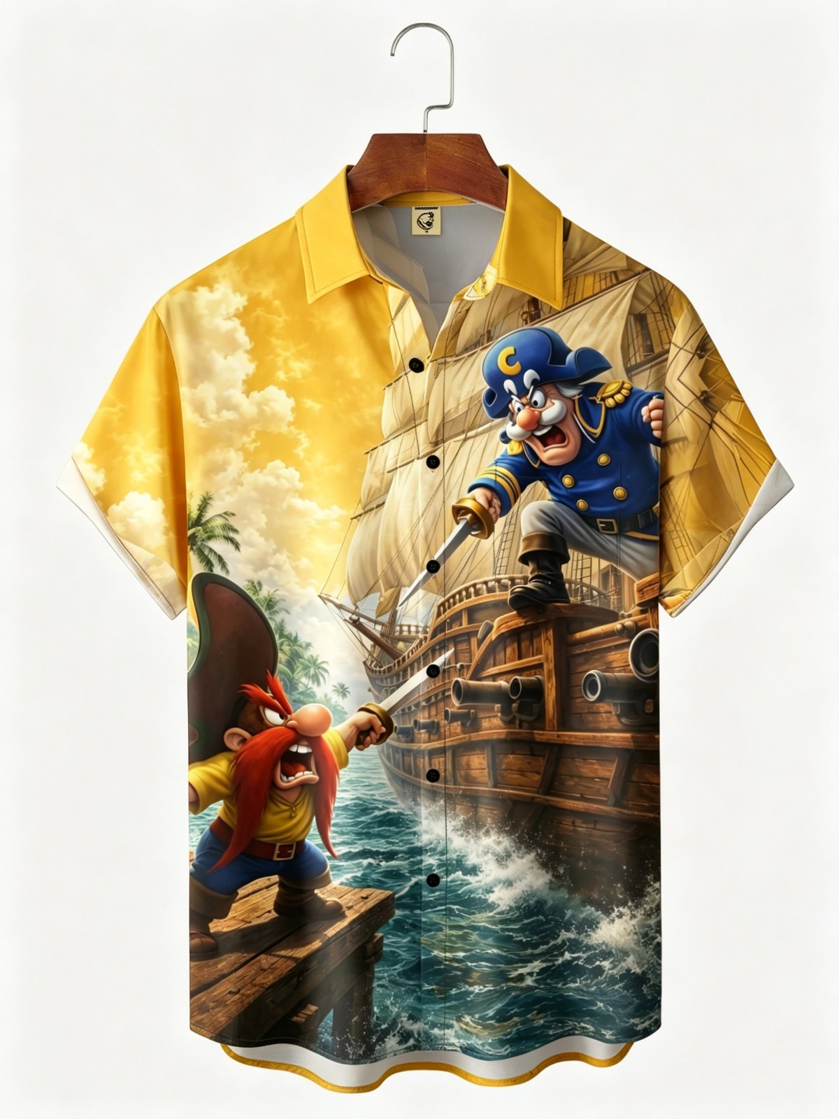 Moisture-Wicking Gradient-Color Dueling Pirates & Sailboats Design  Chest Pocket Hawaiian Shirt