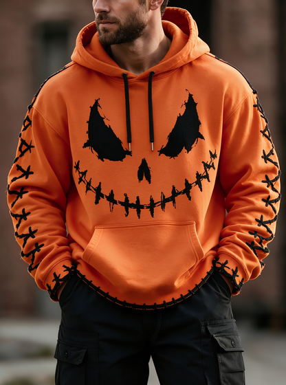 Halloween Stitched Pumpkin Face Cross‑Stitch Gothic Kangaroo-Pocket Hoodie Sweatshirt