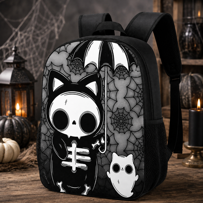 Halloween Gothic Skeleton Cat Backpack Set – 1/2/3PCS Backpack, Crossbody Bag & Pencil Case