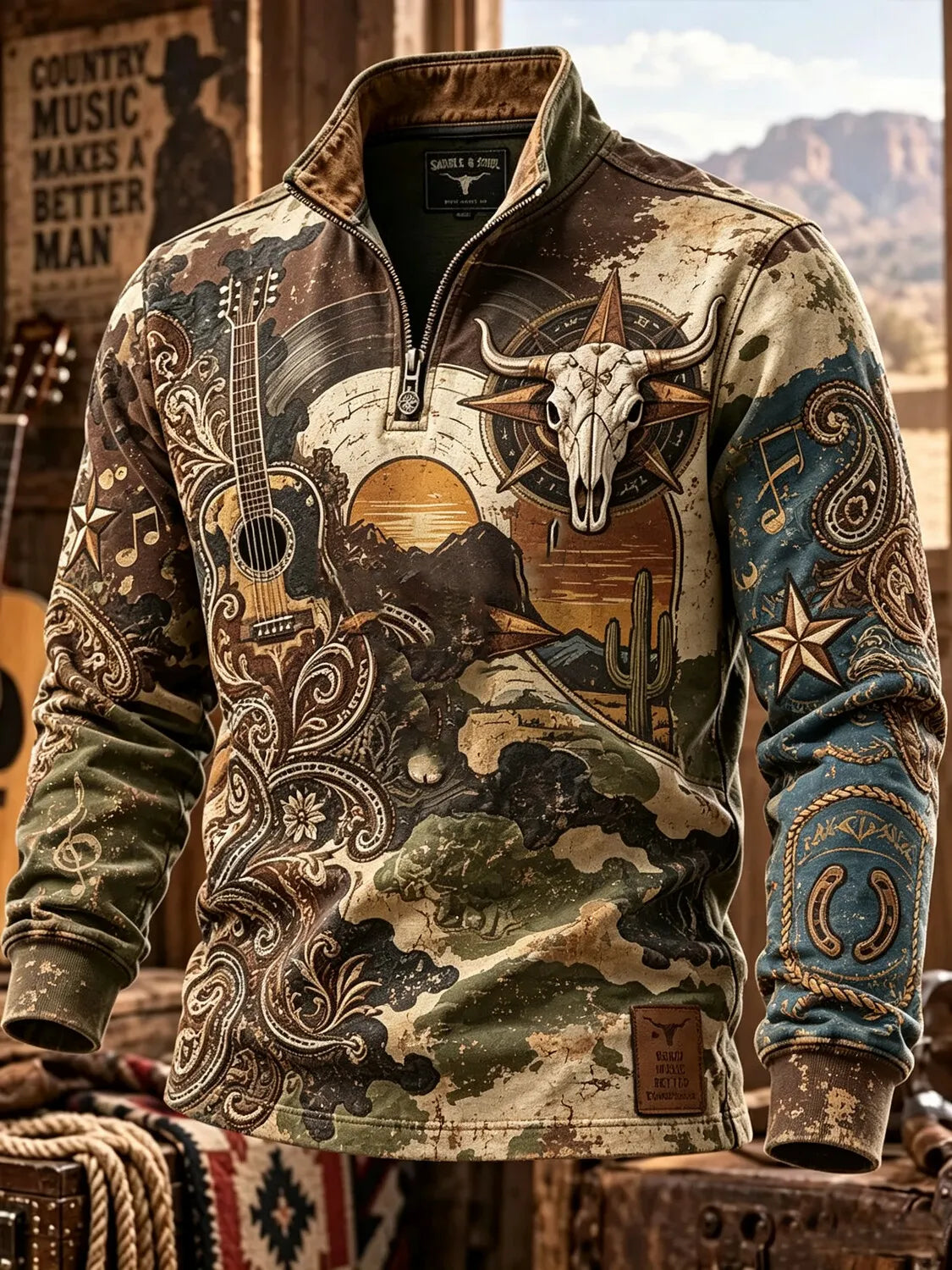 Men's Retro Western Sunset Scenery Skull And Camo Print Quarter Zip Pullover Sweatshirt