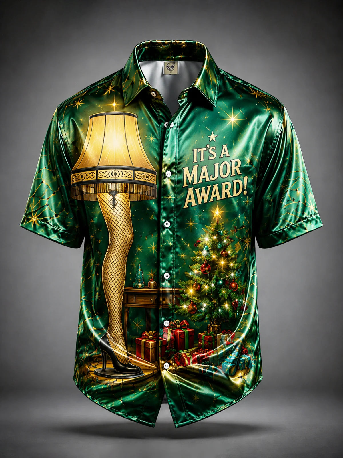 Breathable Silk Satin Christmas Leg Lamp Chest Pocket Hawaiian Shirt