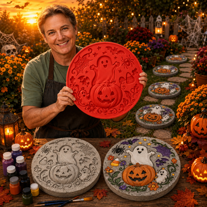 Reusable Round Halloween Stepping Stone Silicone Mold – DIY Garden Decor Featuring Witch's Cat, Skull, Pumpkin, and Ghost Designs