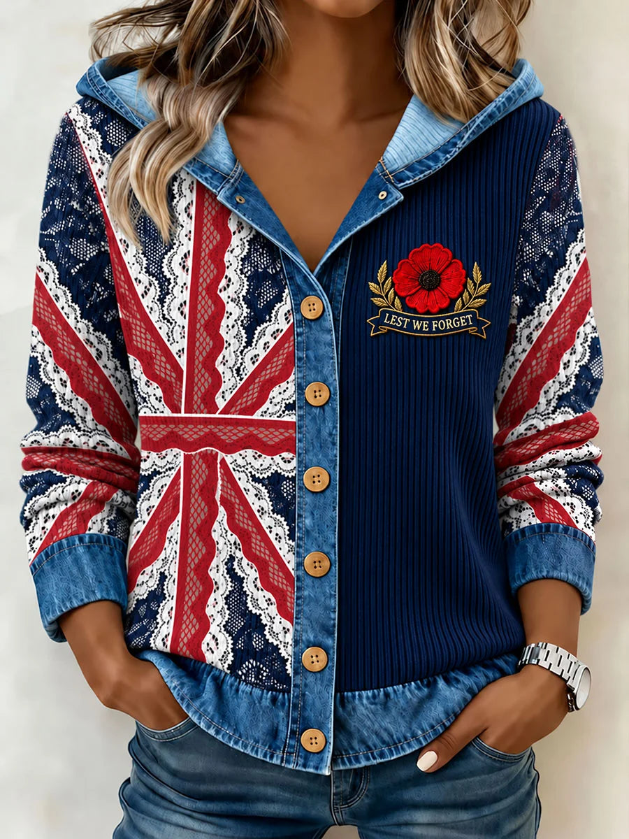 Women's Lest We Forget Print Denim Patchwork Sweatshirt