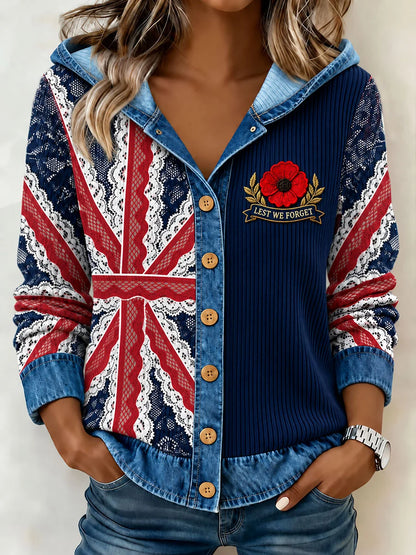 Women's Lest We Forget Print Denim Patchwork Sweatshirt