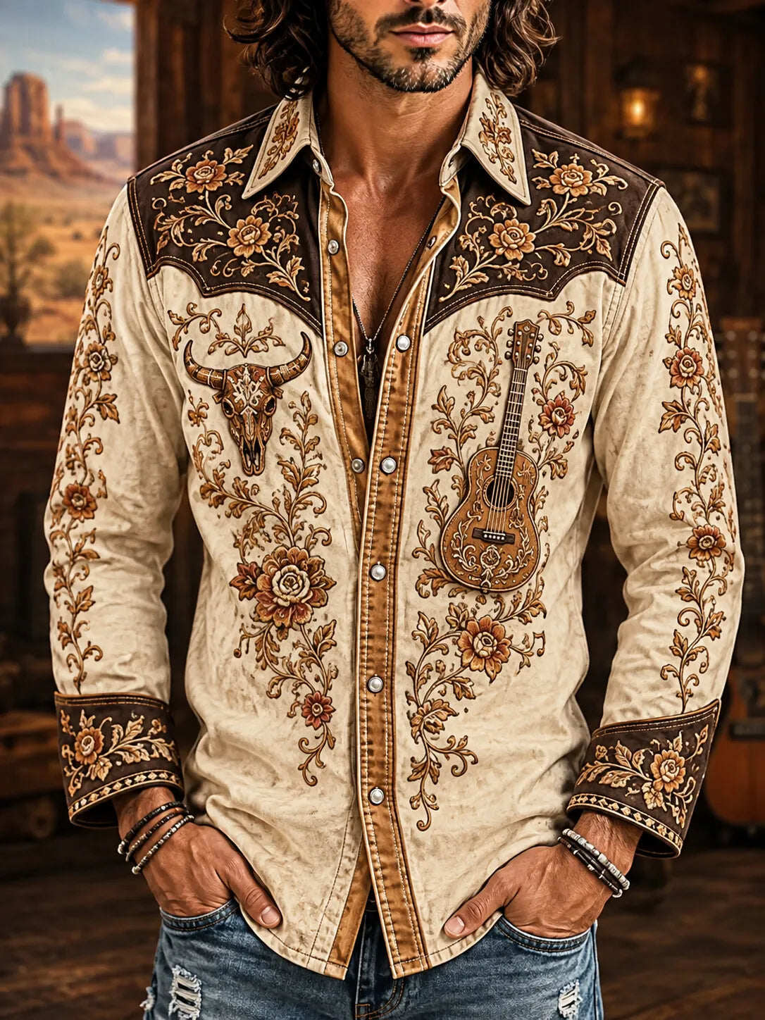 Men's Vintage Western Floral Vine Bull Skull Guitar Print Long Sleeve Shirt
