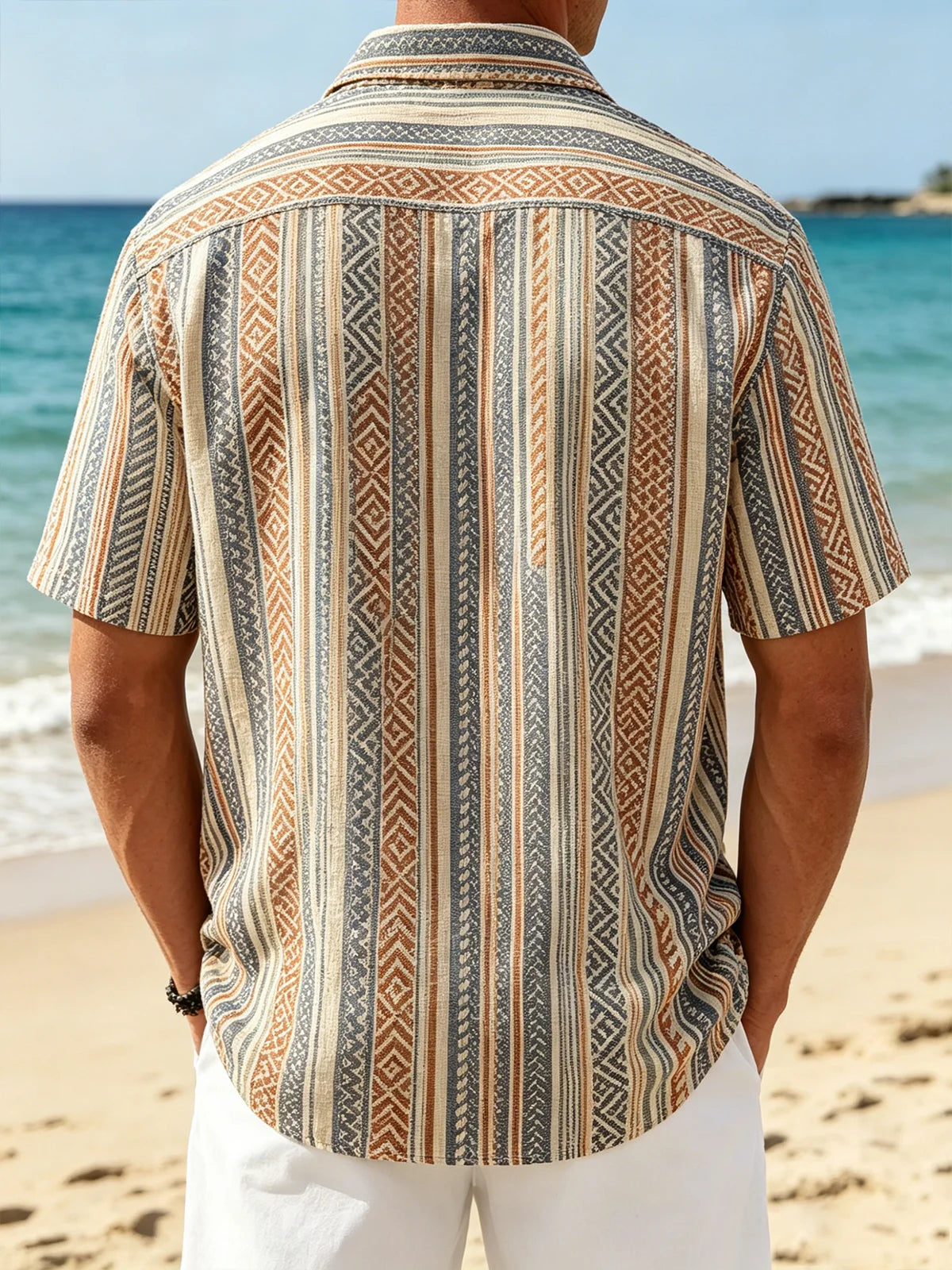 Linen-Texture Geometric Stripe  Chest Pocket Holiday Hawaiian Shirt