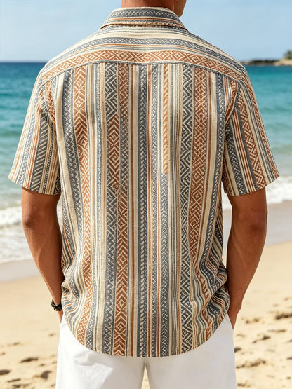 Linen-Texture Geometric Stripe  Chest Pocket Holiday Hawaiian Shirt