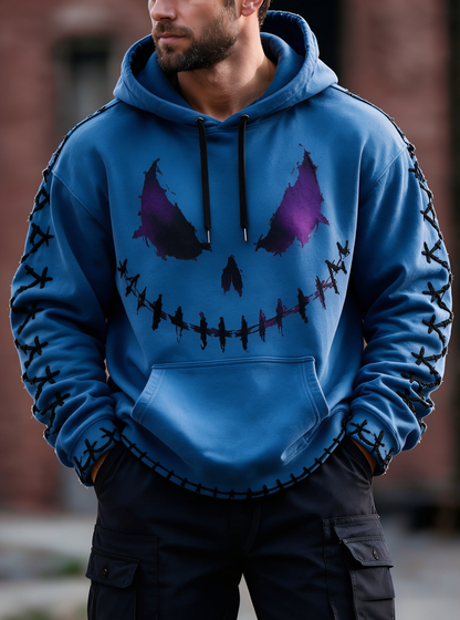 Halloween Stitched Pumpkin Face Cross‑Stitch Gothic Kangaroo-Pocket Hoodie Sweatshirt