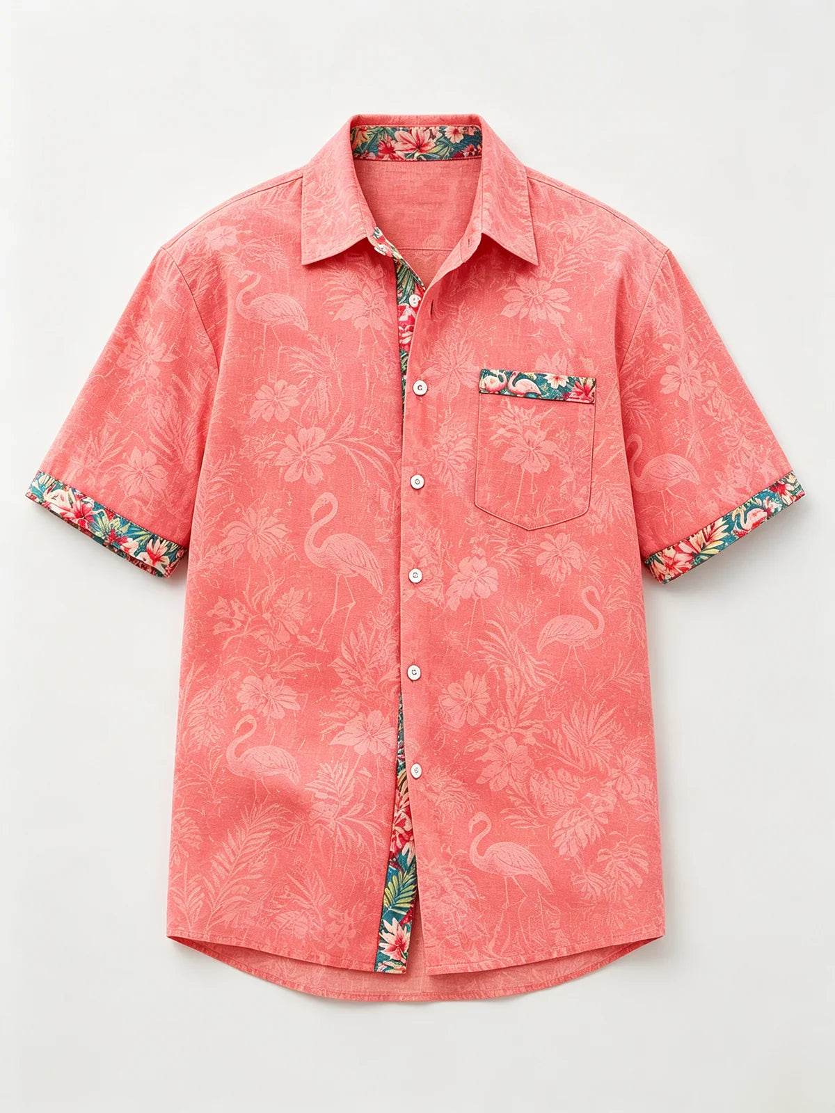 Linen-Texture Tropical Leaf  Flamingo Print and Chest Pocket  Casual Shirt
