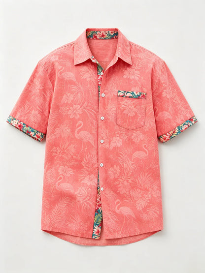 Linen-Texture Tropical Leaf  Flamingo Print and Chest Pocket  Casual Shirt