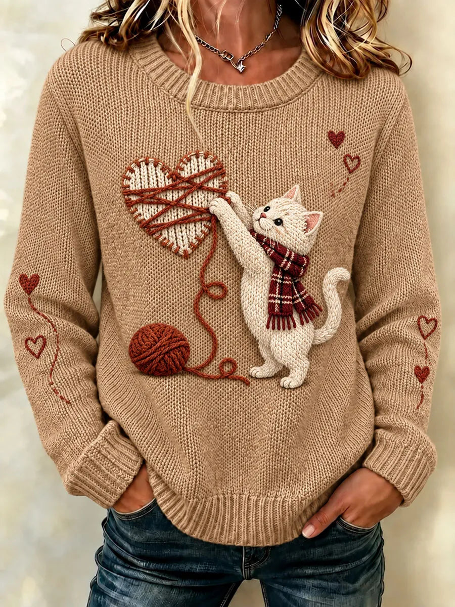 Women's Cute Kitten Yarn Ball Graphic Sweater