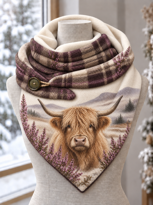 🐮🌸 Highland Cow & Heather Meadow Plush Fleece Triangle Scarf 