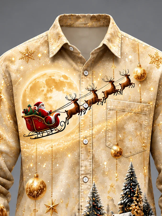 Moisture-Wicking  Christmas Santa Reindeer Tree  Chest Pocket Long-Sleeve Casual Shirt