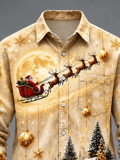 Moisture-Wicking  Christmas Santa Reindeer Tree  Chest Pocket Long-Sleeve Casual Shirt