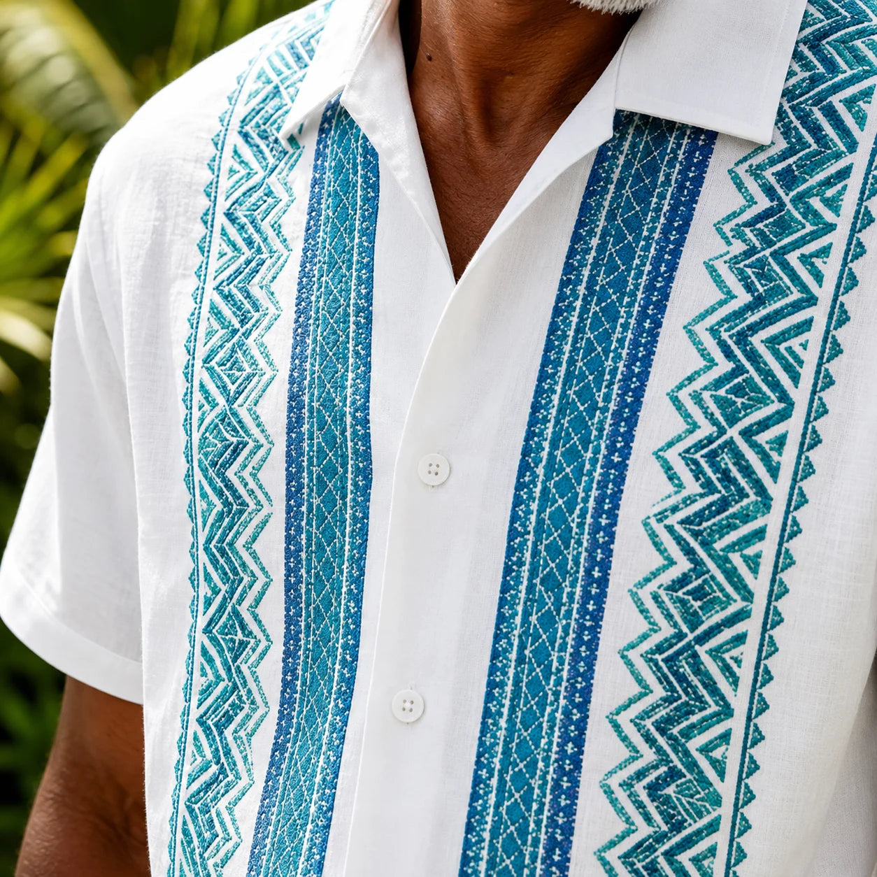 Linen-Texture Abstract Striped Chest Pocket Casual Guayabera Shirt