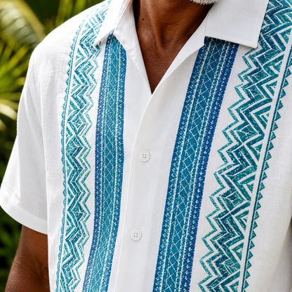 Linen-Texture Abstract Striped Chest Pocket Casual Guayabera Shirt