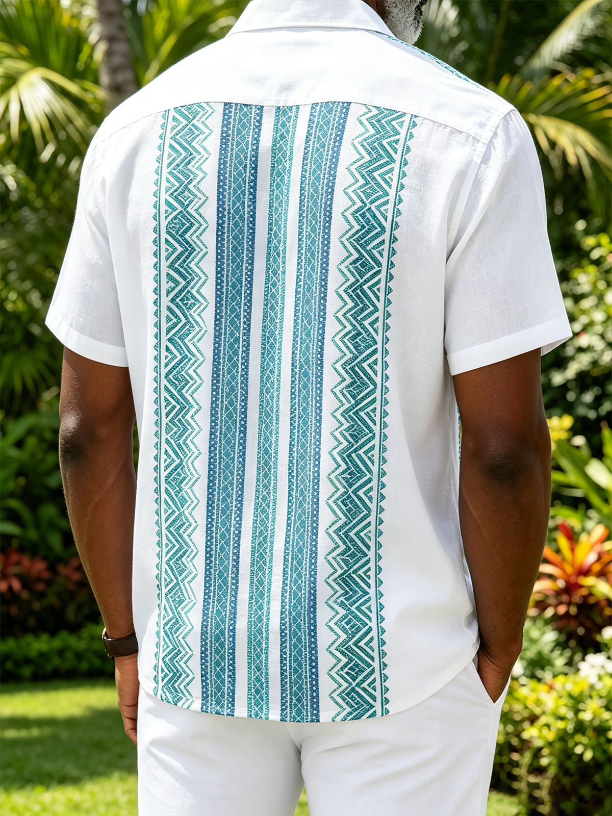 Linen-Texture Abstract Striped Chest Pocket Casual Guayabera Shirt