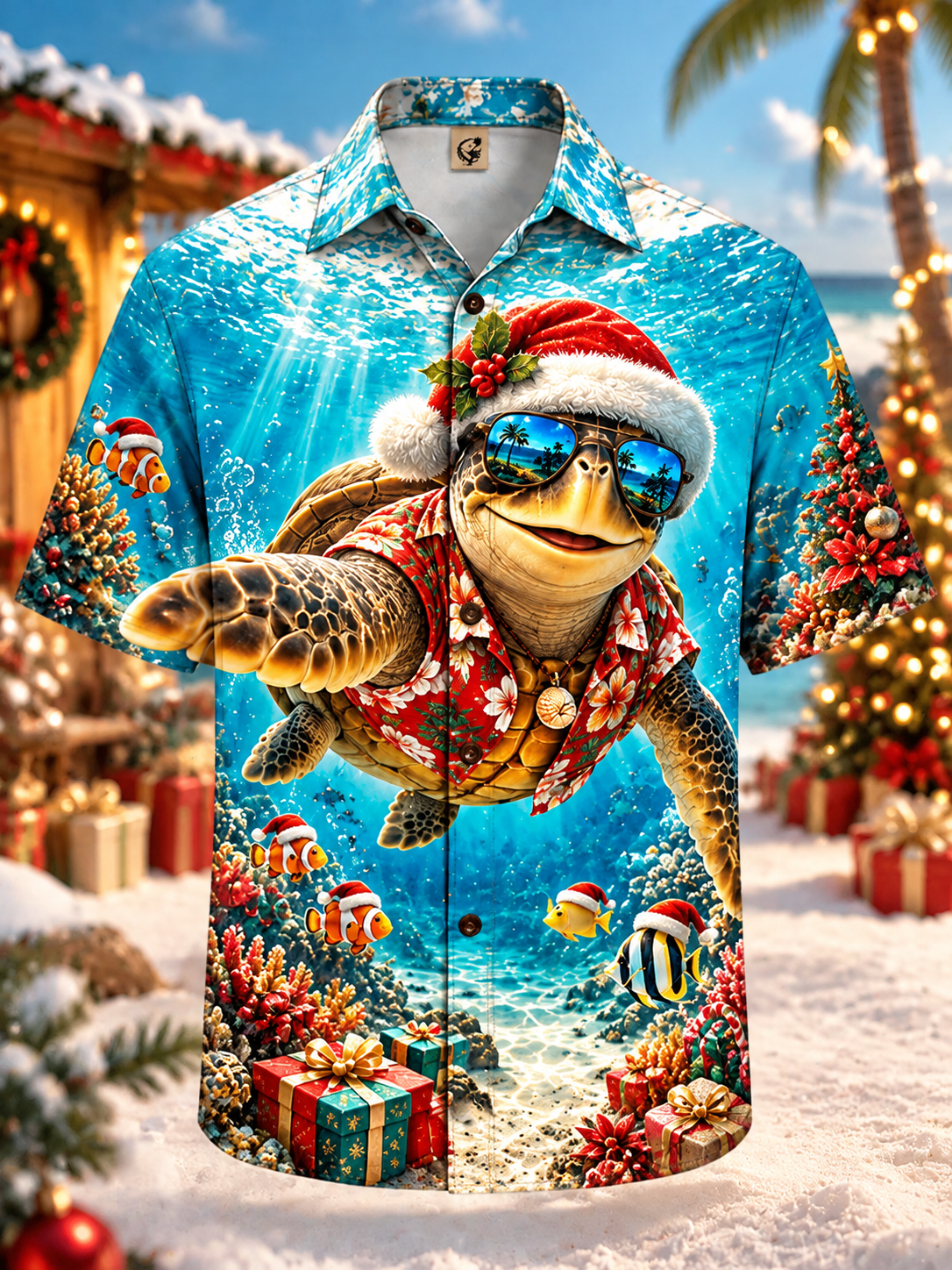 Moisture-Wicking Funny Sea Turtle Straw Hat Sunglasses Underwater Coral Reef Tropical Fish Chest Pocket Hawaiian Shirt