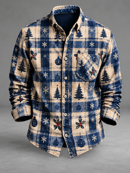 Moisture-Wicking  Christmas Tree Plaid Chest Pocket Long-Sleeve Casual Shirt