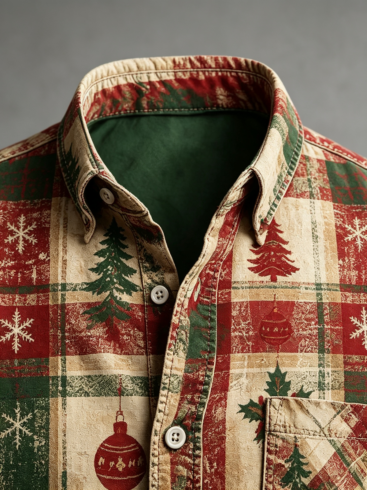 Moisture-Wicking  Christmas Tree Plaid Chest Pocket Long-Sleeve Casual Shirt