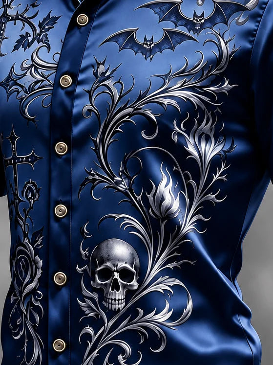 Breathable Silk Satin  Subtle Bat Pattern Halloween Style Casual Shirt