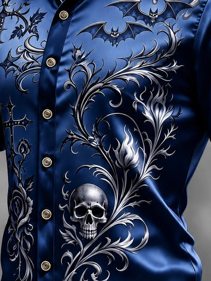 Breathable Silk Satin  Subtle Bat Pattern Halloween Style Casual Shirt