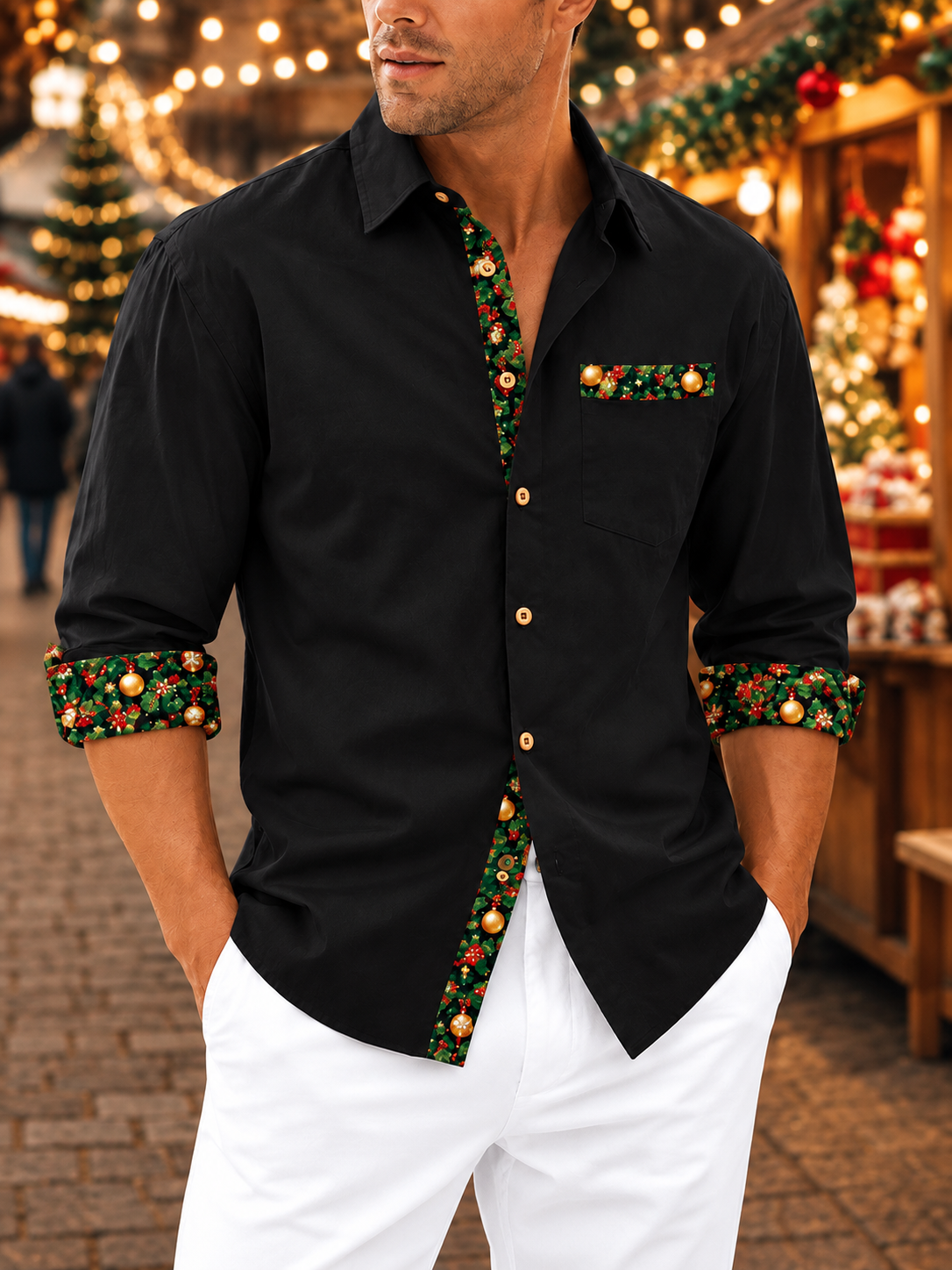 Moisture-Wicking Solid-Color Patchwork Christmas-Themed Chest Pocket Long-Sleeve Casual Shirt