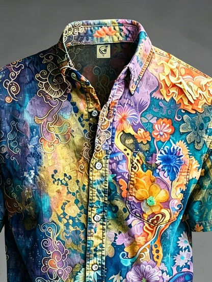 Moisture-Wicking Abstract Gradient Floral Print Chest Pocket Hawaiian Shirt