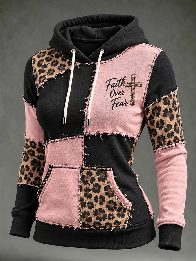 Women's Retro Leopard Print Cross Print Patchwork Design Casual Hoodie
