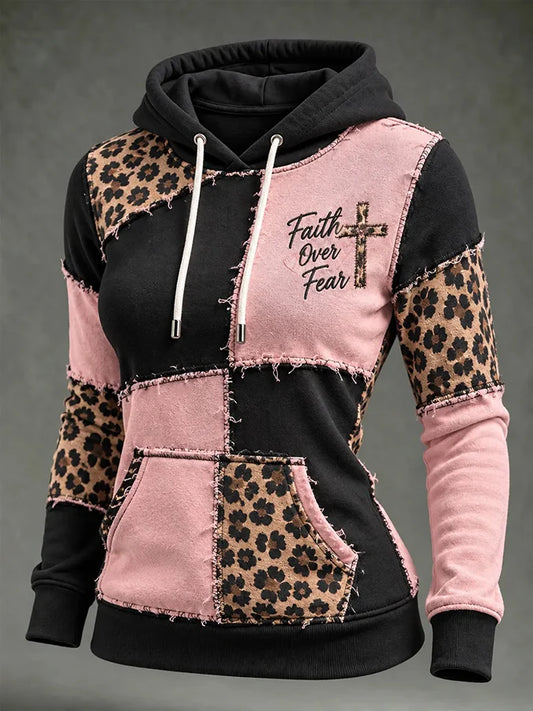 Women's Retro Leopard Print Cross Print Patchwork Design Casual Hoodie