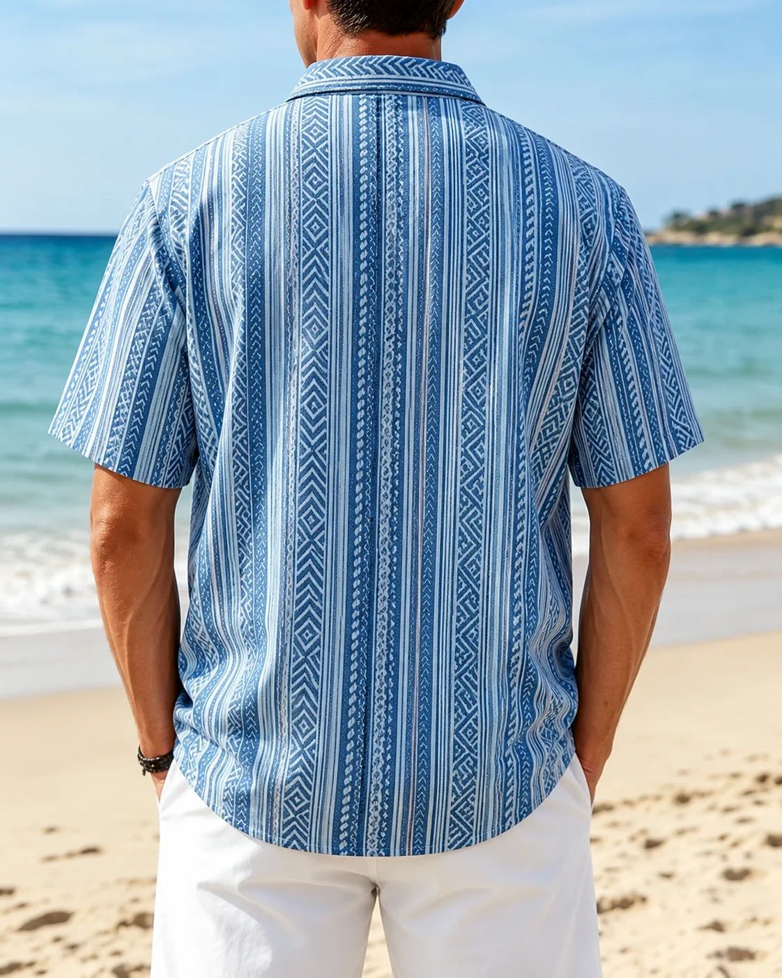 Linen-Texture Geometric Stripe  Chest Pocket Holiday Hawaiian Shirt