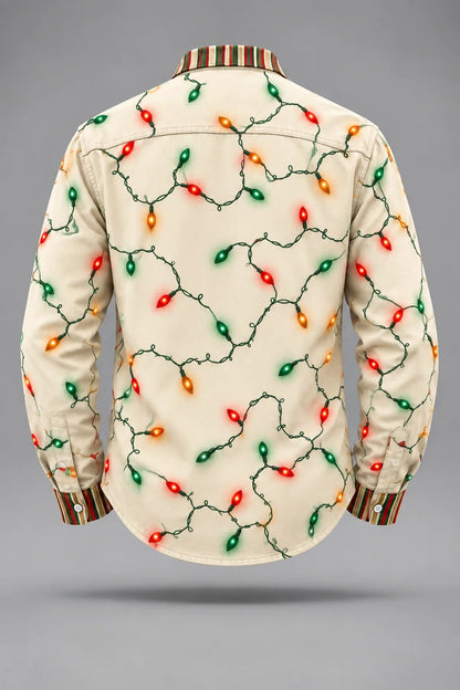 Moisture-Wicking Christmas Lights & Candy Cane Chest Pocket  Long-Sleeve Casual Shirt