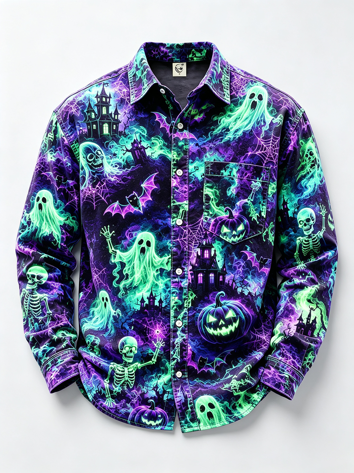 Moisture-Wicking Halloween Castle Pumpkin Ghost Bat Chest Pocket Long-Sleeve Casual Shirt